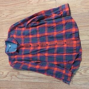 Red and blue plaid flannel button-down shirt, 100% cotton, Lucky Brand women's L